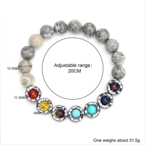 Detailed size chart for the adjustable beaded yoga bracelet with dimensions and weight