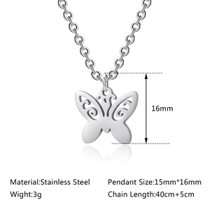 Stainless steel butterfly pendant necklace with size specs on a clean white background