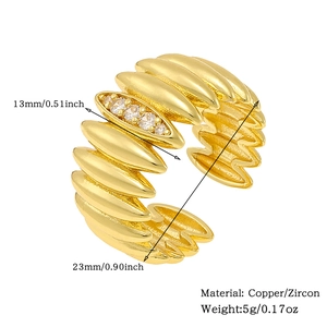 Detail view of golden copper ring with zircons showing weight 5g and width 13mm