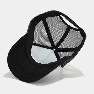 Black mesh trucker hat with breathable structure and adjustable back strap closure