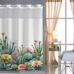 Detail showing the silver metal grommets and translucent mesh header on the cactus shower curtain
