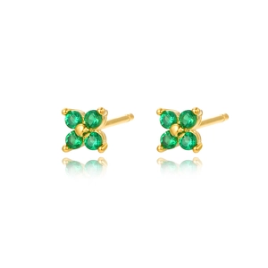 Elegant gold four-leaf clover stud earrings with green rhinestones on white background