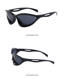 Detailed side views of sleek black Y2K sports sunglasses with a wraparound shield frame