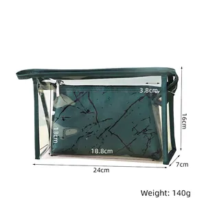 Detailed size chart for two-piece PU leather cosmetic bag and clear PVC toiletry bag set