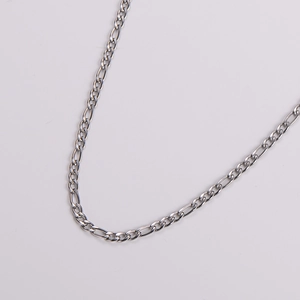 Detailed view of silver stainless steel Figaro chain necklace with polished metal links