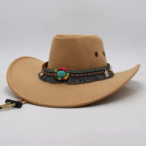 Khaki Tibetan style western cowboy hat with turquoise ethnic band and chin strap