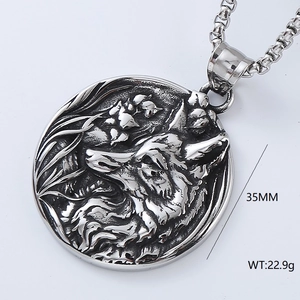 Close-up of 35mm stainless steel round pendant featuring a detailed wolf relief carving