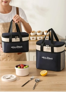 Detail of insulated lunch bags in two sizes with reinforced handles and side mesh pockets