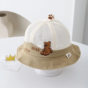 Breathable summer mesh sun hat for toddlers with cute bear embroidery and 3D paw detail