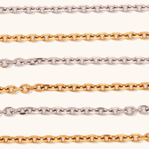 Detailed view of interconnected gold and silver cross curb chain links for jewelry