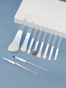 Macro detail of 10-piece gradient blue makeup brush set with clear acrylic handles