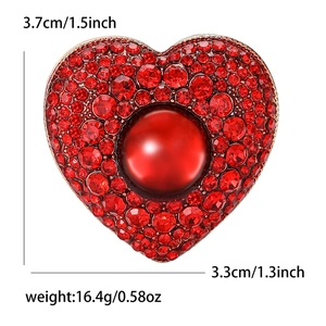 Red heart brooch with pearls and crystals, gold base, size 3.7x3.3cm, weight 16.4g