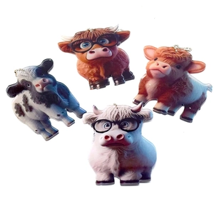 Cartoon highland cow acrylic pendants with glasses and metal chains in four designs