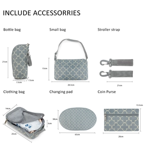 Detailed 6-piece diaper bag accessories set with dimensions on white background