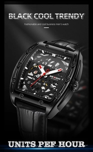 Macro detail of the automatic skeleton movement and tonneau-shaped black watch case