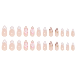 24-piece almond press-on nails with pink floral patterns and marble gold star accents