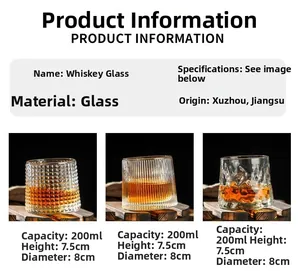 Detailed comparison of textured whiskey glasses showing dimensions and 200ml capacity