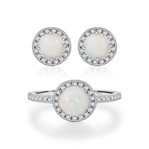 S925 sterling silver halo jewelry set featuring round opal ring and matching stud earrings