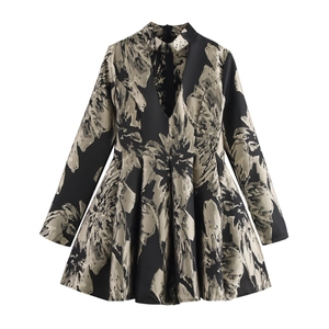 Elegant V Neck Hollow Out Jacquard Mini Dress Floral High Waist Long Sleeve Vintage Party For Women