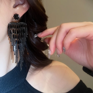 Detail of long black rhinestone tassel earrings shown on a model's side profile