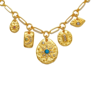 Collier vintage plaqué or 18 carats avec pendentifs soleil, lune et étoiles