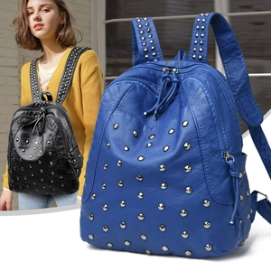 Women PU Leather Rivet Backpack Lychee Pattern Punk Style Large Capacity Travel Casual Daypack Metal Studded