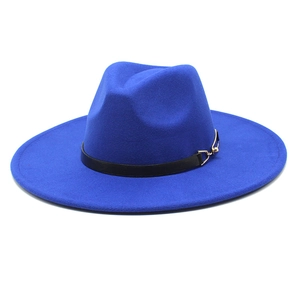 Classic royal blue wool fedora hat with flat wide brim and black buckled leather band