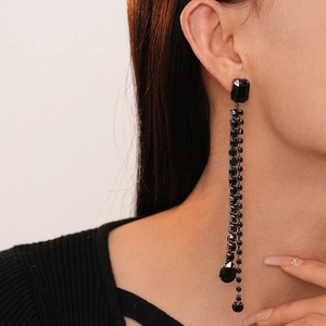 Dark style asymmetric long black tassel earrings with rhinestones for elegant evening parties