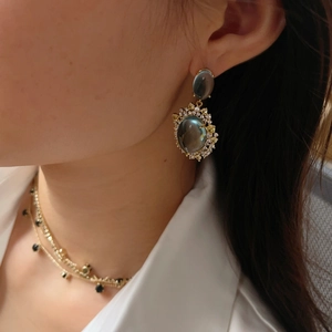 Vintage mint blue cat-eye stone earrings with zircon crystals and gold chain necklace