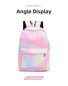 Front angle view of pastel gradient backpack featuring pink, blue and yellow hues