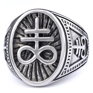 Macro shot of Leviathan Cross on gothic stainless steel ring with black oxidized details