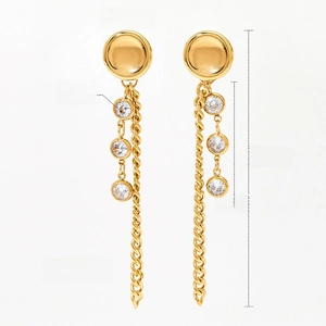 Detail view of gold tassel earrings with dimensions showing 85mm length and 14.8mm width