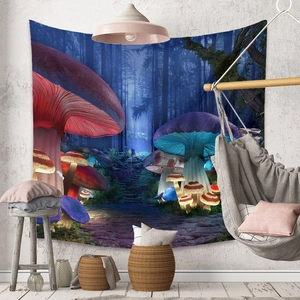 Bohemian mushroom forest tapestry hanging on a wall in a cozy modern room setting