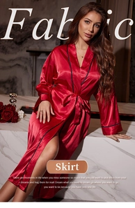 Detail of red ice silk long bathrobe with soft satin texture and elegant draped fabric folds
