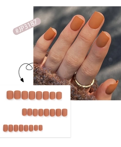 Detail of matte caramel press-on nails set JP3187 in a short square-oval shape with 24 pieces