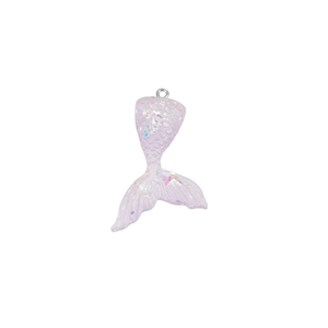 Detailed close-up of a purple resin mermaid tail charm with shiny iridescent sequins