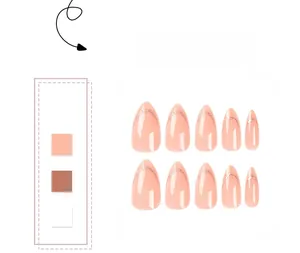 Detail of almond-shaped peach pink press-on nails with golden glitter tips French style