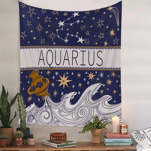 Detailed Aquarius zodiac tapestry with dark blue constellation star map and wave motifs