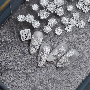 5D embossed white lace flower nail stickers with 3D relief texture and bridal veil design