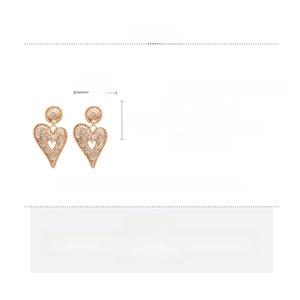 Detailed size specifications for gold textured heart earrings with rhinestone accents