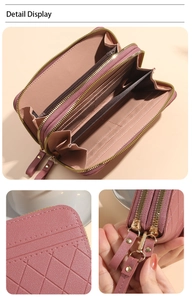 Detail display of pink long wallet with dual zippers, card slots and quilted texture