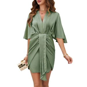 Elegant green satin V-neck dress with waist tie and asymmetrical hem for women