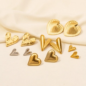 Heart Stud Earrings 304 Stainless Steel 18K Gold Plated Retro Hammered Smooth Mirror Texture Fashion Jewelry Women