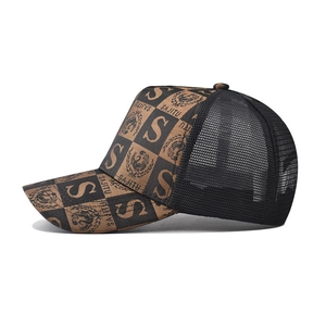 Side view of checkered trucker hat with letter embroidery and breathable black mesh