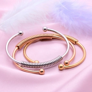 Stainless Steel Open Bangle Spring Coil Design Adjustable Minimalist Cuff Bracelet With Round Ball Ends For Women