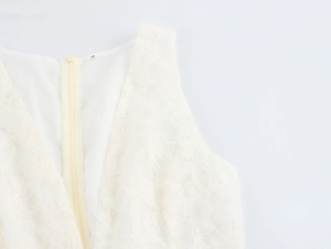 Detail shot of the back of a white lace dress showing a hidden zipper and strap texture