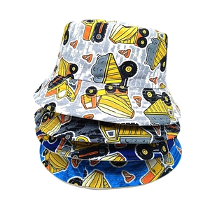 Kids Bucket Hat Polyester Cartoon Construction Vehicles Print Sun Protection Outdoor Double Sided Wearable Sun Hat For Boys