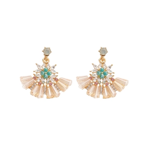 Bohemian floral fan-shaped drop earrings with sparkling crystals and teal gemstones