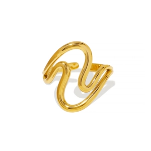 Polished gold stainless steel ring with elegant teardrop wave pattern for women