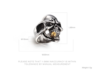 Detailed view of skull ring with gold cigar accent including size and weight specs